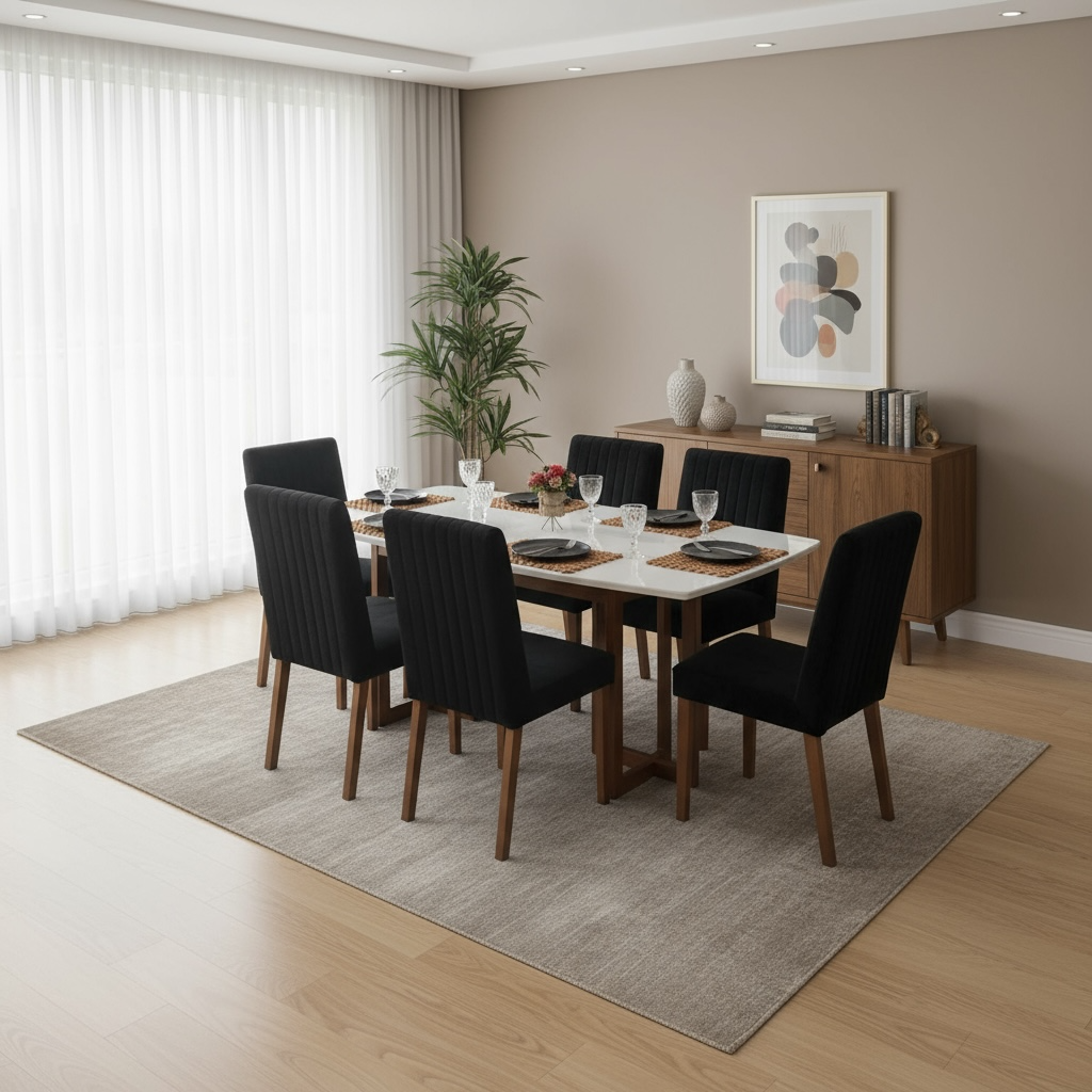 MESA DE JANTAR MADEIRA TAMPO DE VIDRO FRIDA 6 CADEIRAS