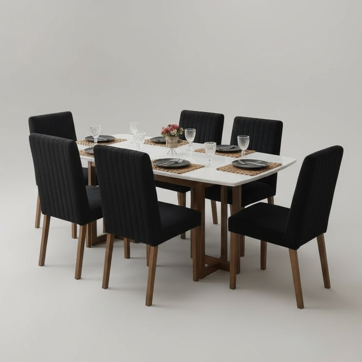 MESA DE JANTAR MADEIRA TAMPO DE VIDRO FRIDA 6 CADEIRAS